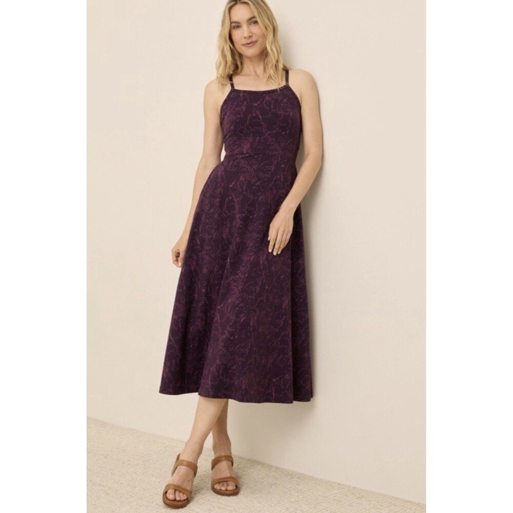 Pact Size Large Burgundy Floral Organic Cotton Midi Dress Pockets Fit Flare